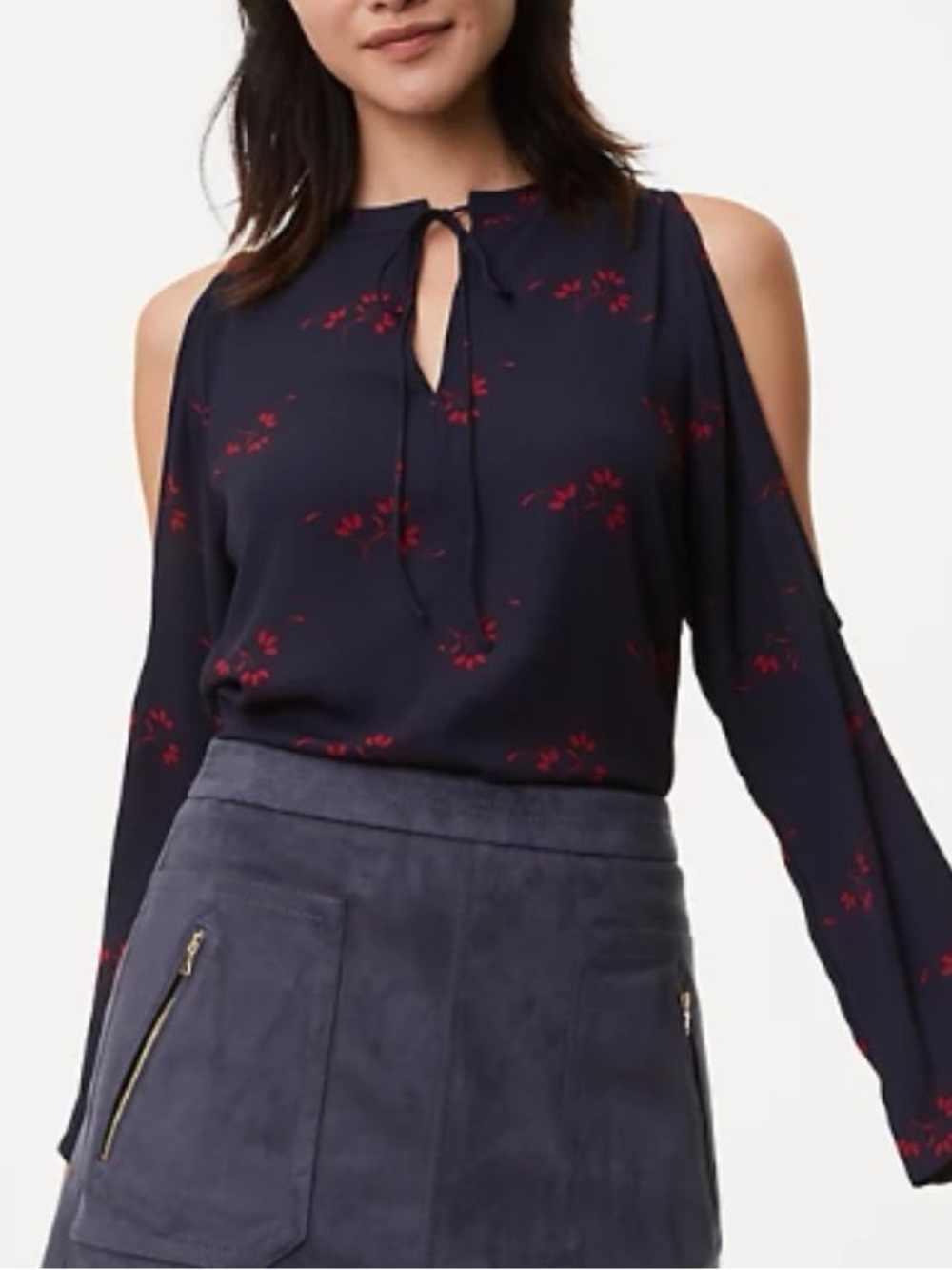 Loft Cold-Shoulder Navy Floral Tie-Neck Blouse
